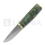 Harri Laine - Blue puukko knife, stab. curly birch