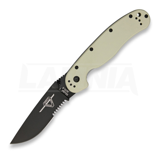 Ontario RAT-1 összecsukható kés, desert tan/ fekete, fűrészfogú 8847DT