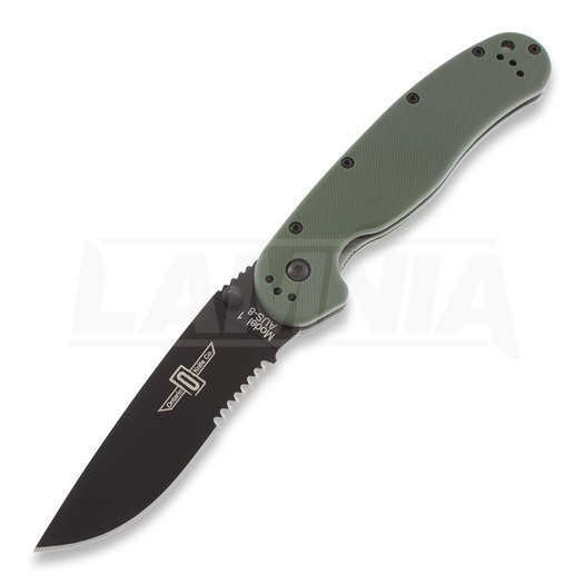 Ontario RAT-1 összecsukható kés, zöld/fekete, fűrészfogú 8847OD
