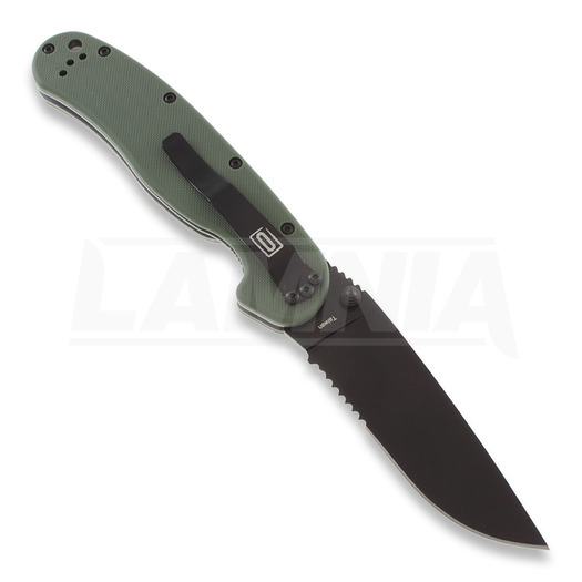 Ontario RAT-1 折り畳みナイフ, 緑/black, 鋸歯状 8847OD