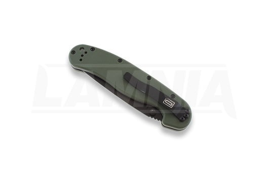Ontario RAT-1 sulankstomas peilis, žalia/juoda, dantytas 8847OD