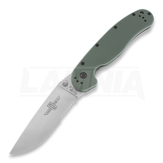 Ontario RAT-1 折り畳みナイフ, 緑/satin, 鋸歯状 8849OD