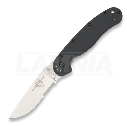 Ontario RAT-1 折り畳みナイフ, 黒/satin, 鋸歯状 8849