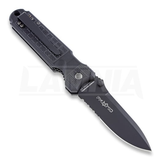 Fox Predator II 折叠刀, 黑色, 锯齿刀片 FX-FP2BSG10