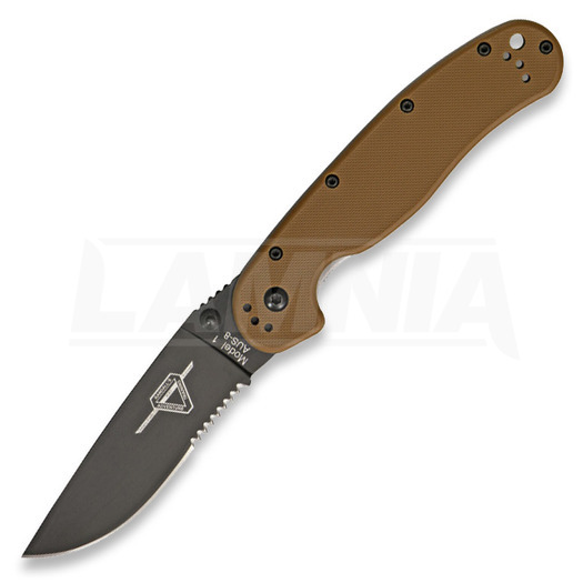 Ontario RAT-1 折り畳みナイフ, 茶色/black, 鋸歯状 8847CB