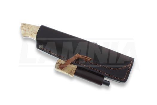 Brisa Trapper 95 hunting knife, O-1 Scandi, Curly Birch, firesteel