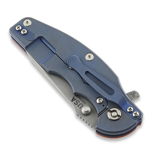 Hinderer Jurassic Magnacut Slicer folding knife, Tri-Way Battle Blue, Orange G10