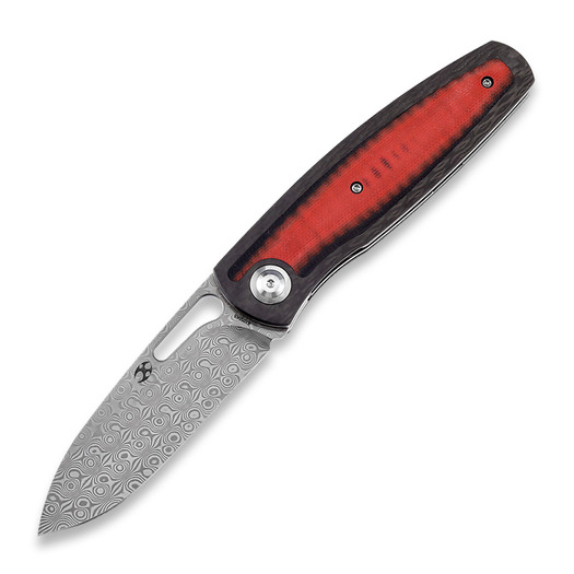 Kansept Knives Mato Damascus folding knife, Twill CF/Red and Black G-10