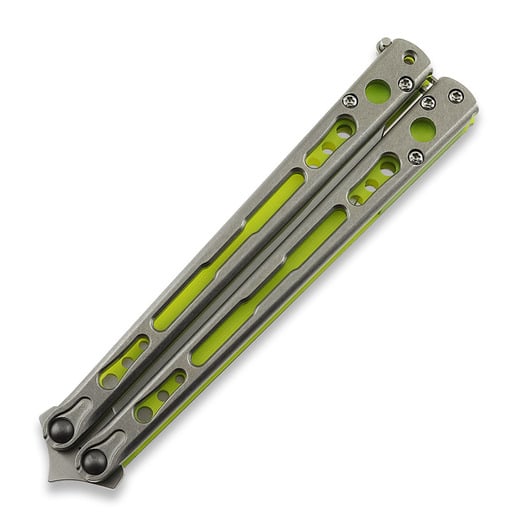 Hom Design Chimera V2 balisong kniv, Stonewashed Ti/Yellow & Green G-10