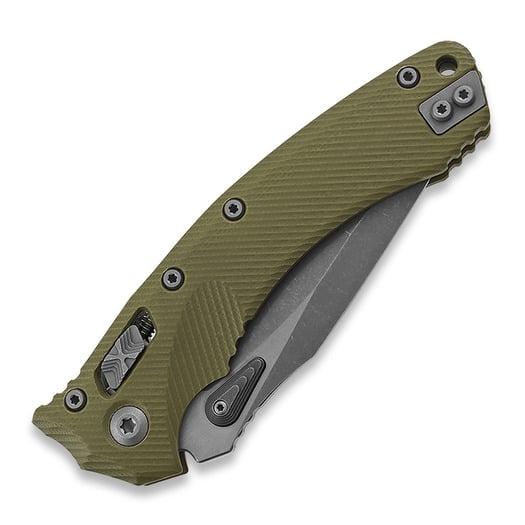 Microtech Amphibian folding knife, apocalyptic finish, fluted od green G10 137RL-10APFLGTOD
