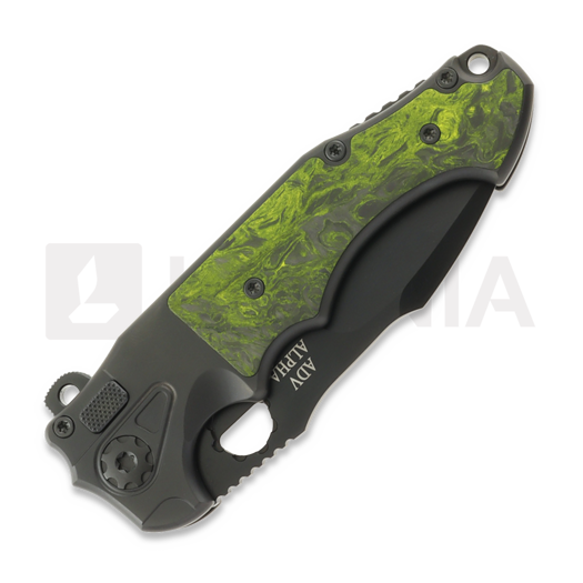 Andre de Villiers Alpha Mini All Black sulankstomas peilis, Green Carbon Fibre