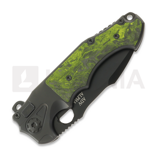 Andre de Villiers Alpha Mini All Black 折り畳みナイフ, Green Carbon Fibre