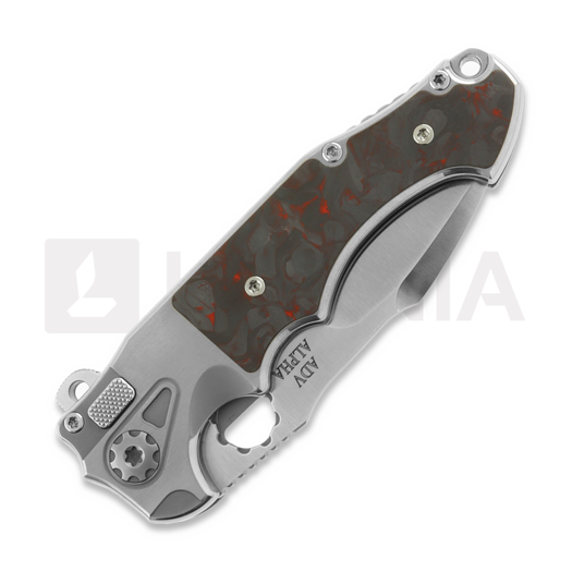 Andre de Villiers Alpha Mini sulankstomas peilis, Satin/Red Carbon Fibre