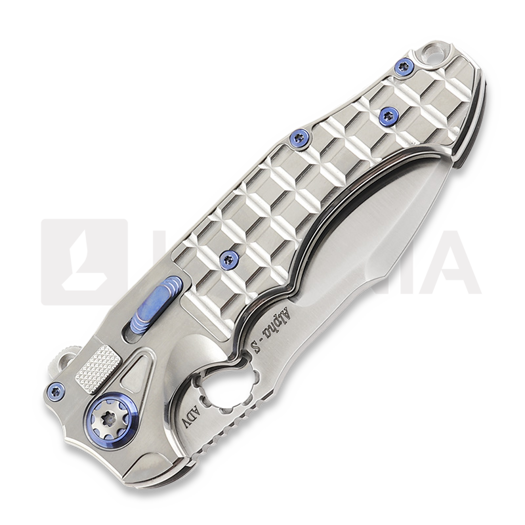 Andre de Villiers Alpha S folding knife, Satin/Ti/Blue/Frag