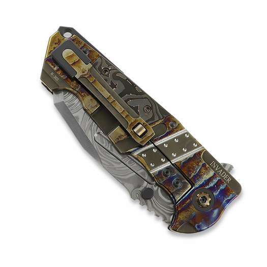 Coltello pieghevole Andre de Villiers Invader, Damascus, Gold CF, Acid Rain