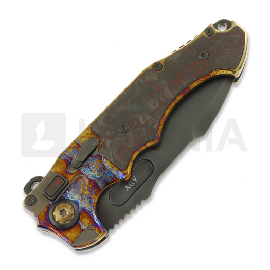 Andre de Villiers Large Pitboss 3 sulankstomas peilis, Acid Rain & Black/Red Carbon Fiber