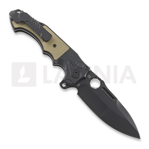 Andre de Villiers Mini Pitboss 2 sulankstomas peilis, Black/Tan G10