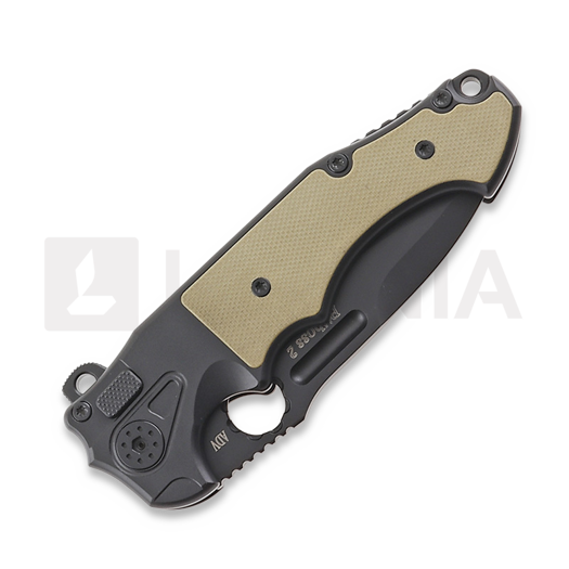 Andre de Villiers Mini Pitboss 2 sulankstomas peilis, Black/Tan G10