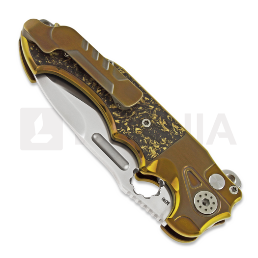 Andre de Villiers Mini Pitboss 2 sulankstomas peilis, copper shred/gold