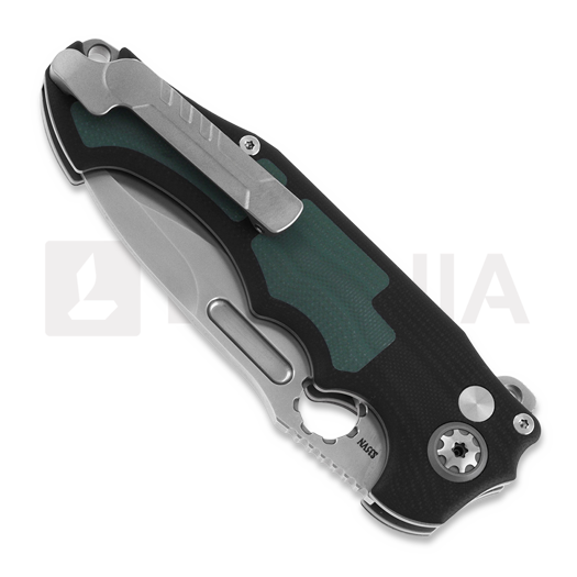 Andre de Villiers Pitboss 2 sulankstomas peilis, G10 Bead Blast Green
