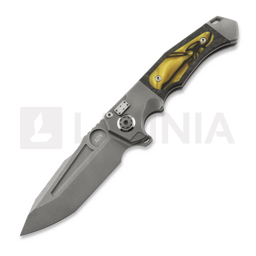 Andre de Villiers Ronin BL sulankstomas peilis, Gold & Black Kirinite