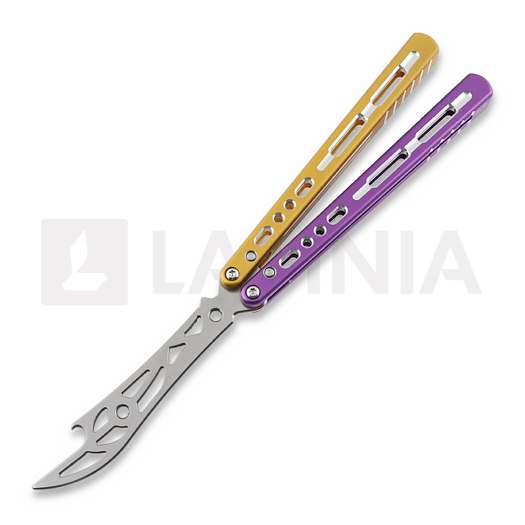 BBbarfly HS Talon Style Opener ZX-1 balisong träningsknivar, Purple And Gold