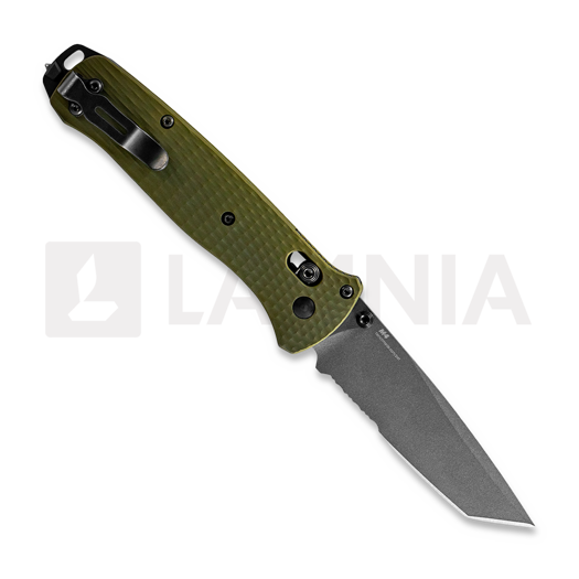 Benchmade Bailout CPM M4 Tungsten Gray Cerakote &ouml;sszecsukhat&oacute; k&eacute;s, woodland green aluminum, fűr&eacute;szfog&uacute; 537SGY-1