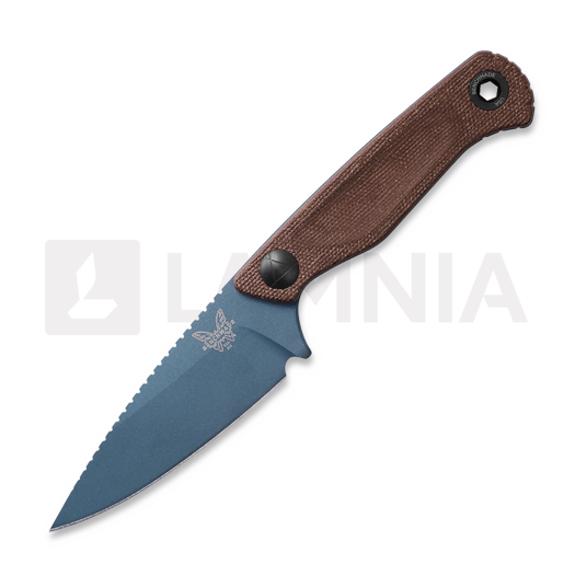Cuchillo Benchmade Dacian Magnacut Blue Titanium Cerakote, brown canvas micarta, leather sheath 203BT-03