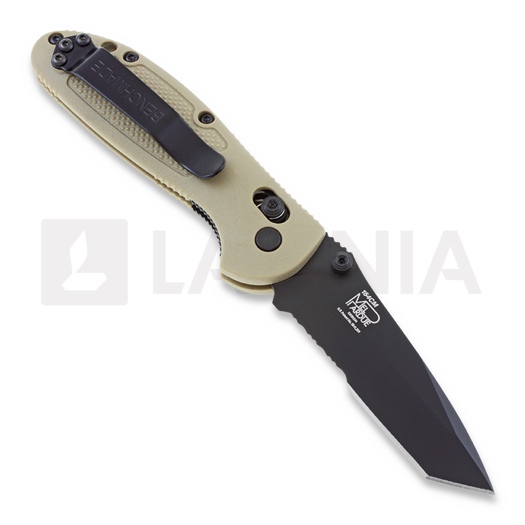 Coltello pieghevole Benchmade Mini-Griptilian, tanto, nero, sand, dentatura lama 557SBKSN