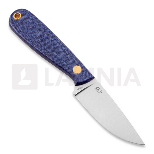 Brisa Necker 70 peilis, kabinamas ant kaklo, Flat, blue jeans micarta, leather