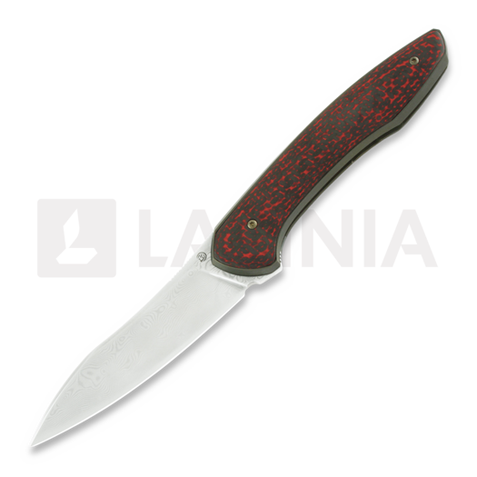 Cheburkov Russkiy Damascus folding knife, red-black carbon fibre