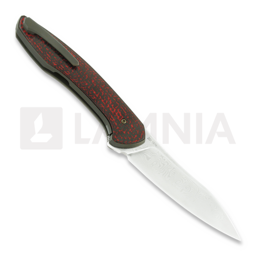 Cheburkov Russkiy Damascus sulankstomas peilis, red-black carbon fibre