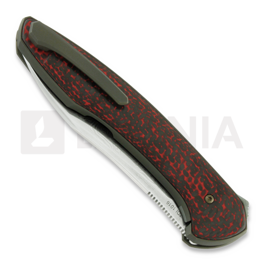 Cheburkov Russkiy Damascus sulankstomas peilis, red-black carbon fibre