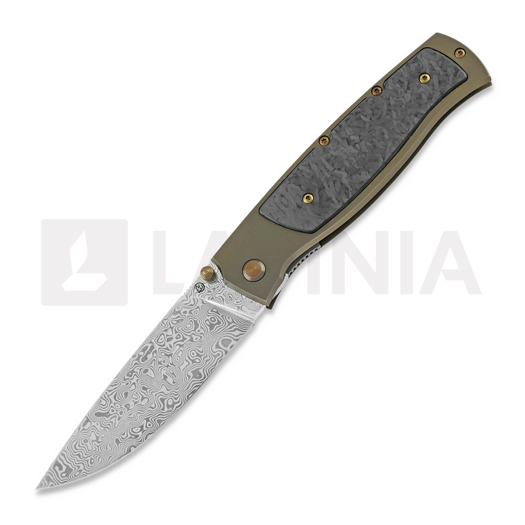 Cheburkov Strizh large Damascus סכין מתקפלת, Bronze Titanium, Marbled Carbon Inlay