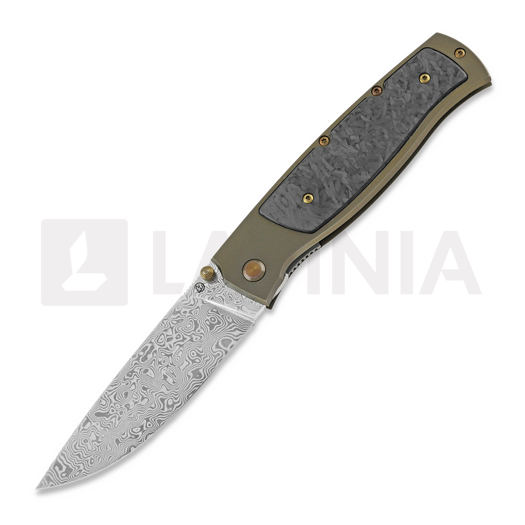 Cheburkov Strizh large Damascus סכין מתקפלת, Bronze Titanium, Marbled Carbon Inlay