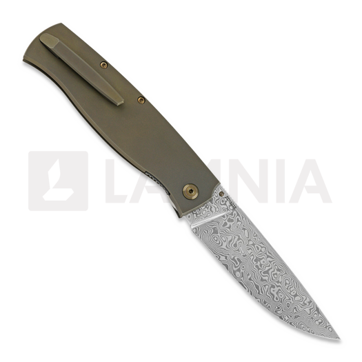 Cheburkov Strizh large Damascus kääntöveitsi, Bronze Titanium, Marbled Carbon Inlay