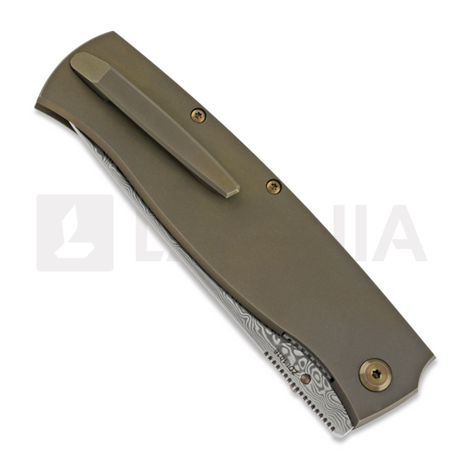 Cheburkov Strizh large Damascus kääntöveitsi, Bronze Titanium, Marbled Carbon Inlay