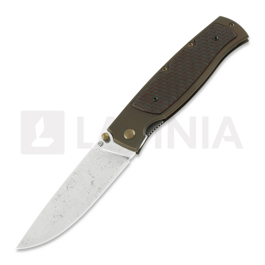 Couteau pliant Cheburkov Strizh large Damascus, Bronze Titanium, Red-Black Carbon Inlay