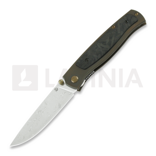 Liigendnuga Cheburkov Strizh small Damascus, Bronze Titanium, Marbled Carbon Fibre Inlay