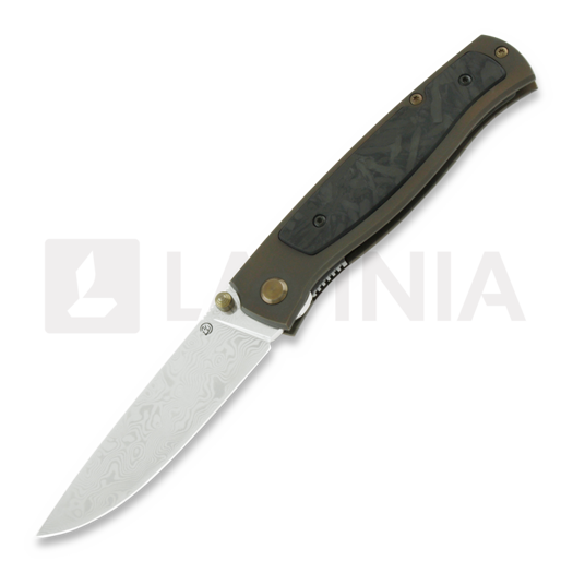 Cheburkov Strizh small Damascus vouwmes, Bronze Titanium, Marbled Carbon Fibre Inlay