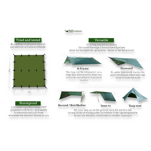 DD Hammocks Tarp 3x3, olivgrön