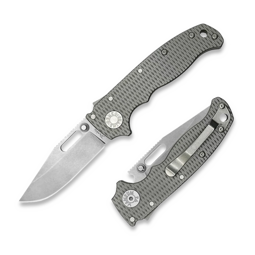 Demko Knives AD 20.5 Textured Titanium 20CV sulankstomas peilis, clip point