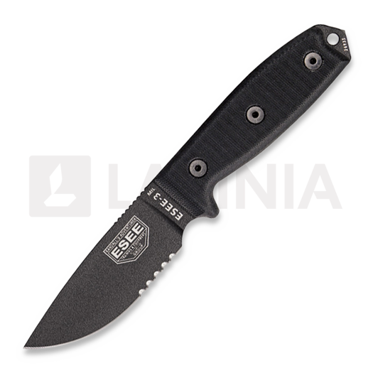 ESEE Model 3, serrated, black G-10, black plastic sheath, nylon sheath