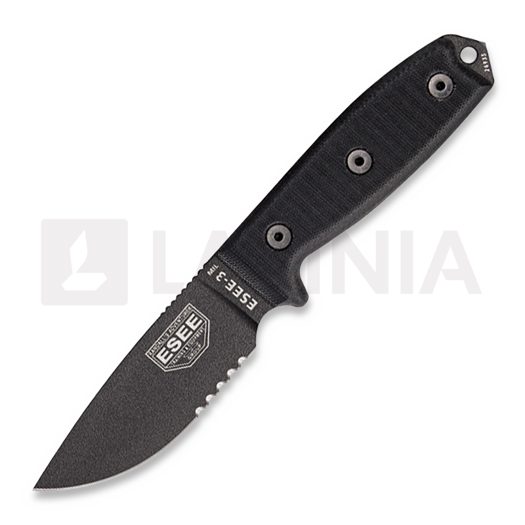 ESEE Model 3, serrated, black G-10, black plastic sheath, nylon sheath
