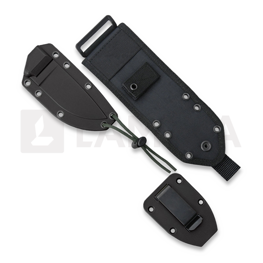 ESEE Model 3, serrated, black G-10, black plastic sheath, nylon sheath