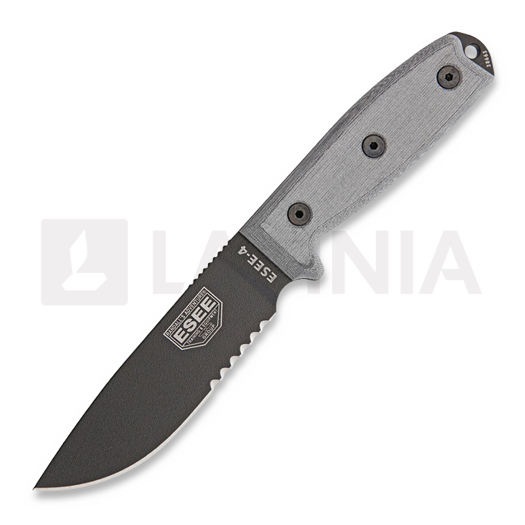 ESEE Model 4, 440C, serrated, black/black, black plastic sheath, nylon sheath