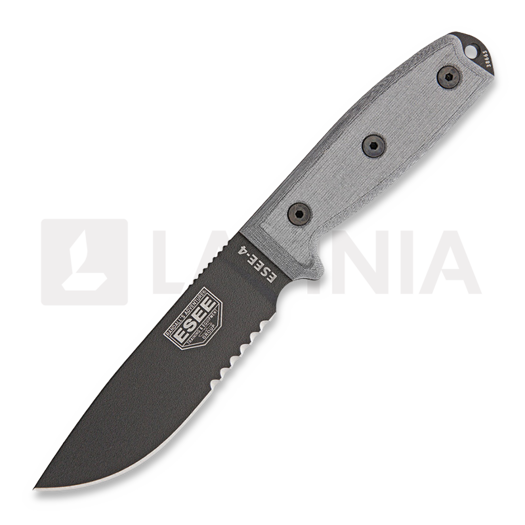 ESEE Model 4, 440C, serrated, black/black, black plastic sheath, nylon sheath