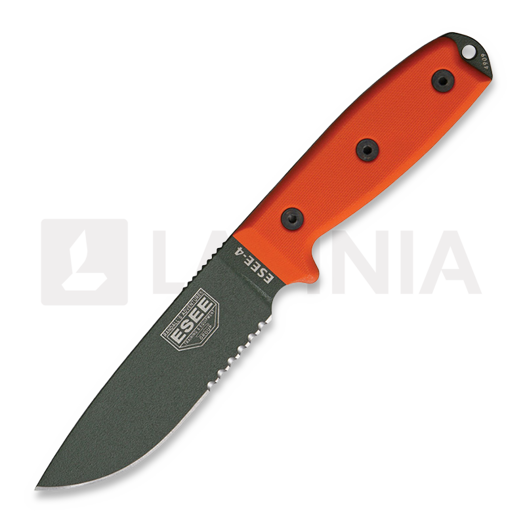 ESEE Model 4, serrated, orange G10, black plastic sheath