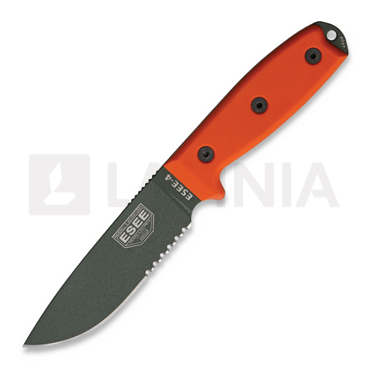 ESEE Model 4, serrated, orange G10, black plastic sheath, nylon sheath