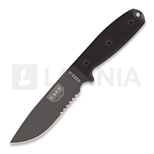 ESEE Model 4 Serrated, tactical gunsmoke, black plastic sheath, nylon sheath